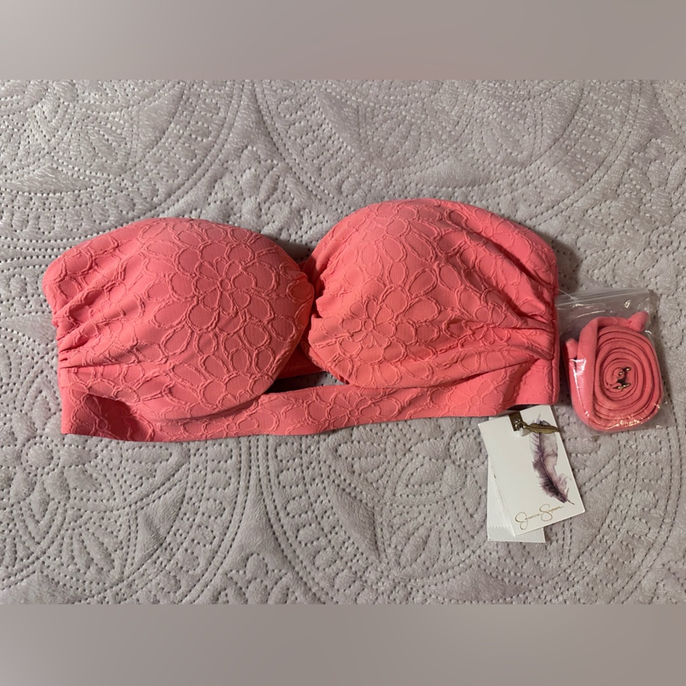 Jessica Simpson Swim Top Sz Medium Bandeau Floral Straps melon sz med BNWT